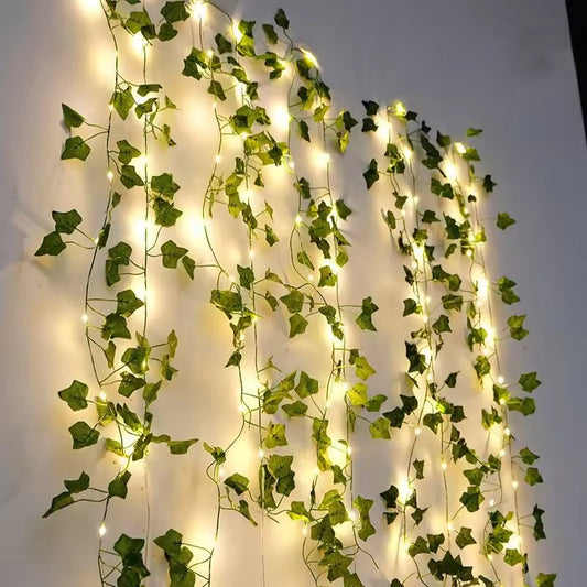 Green Leaf String Lights Artificial Vine Fairy Lights Battery Powered Christmas Tree Garland Light for Weeding Home Decor